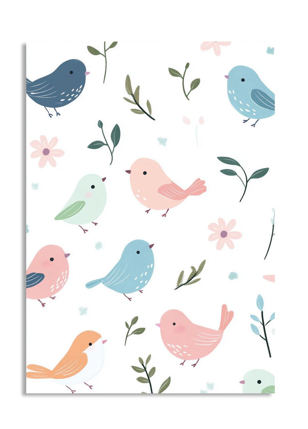 Illustrations of colorful birds and flowers on a white background, as a premium aluminum metal print from GoMetalPrint.