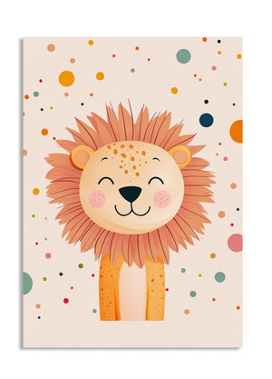 Cartoon lion face with colorful polka dots on a beige background, as a premium aluminum metal print from GoMetalPrint.