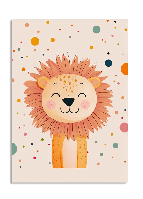 Cartoon lion face with colorful polka dots on a beige background, as a premium aluminum metal print from GoMetalPrint.
