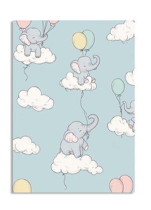 Pattern of elephants with balloons and clouds on a light blue background, as a premium aluminum metal print from GoMetalPrint.
