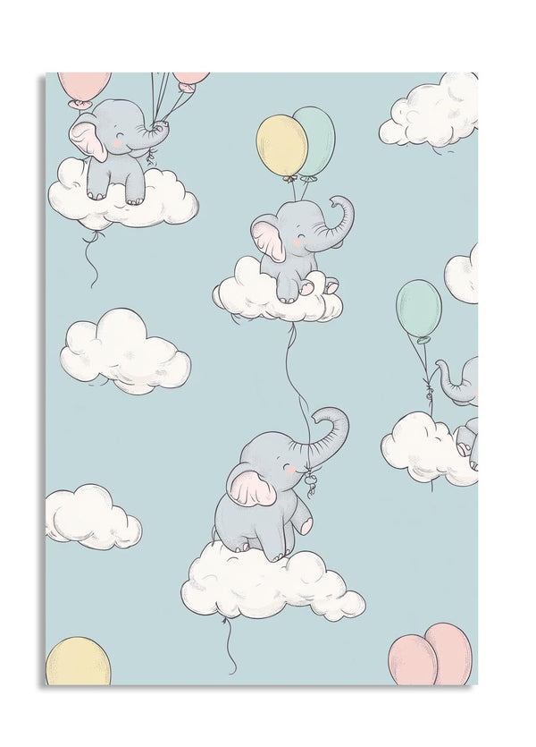 Pattern of elephants with balloons and clouds on a light blue background, as a premium aluminum metal print from GoMetalPrint.