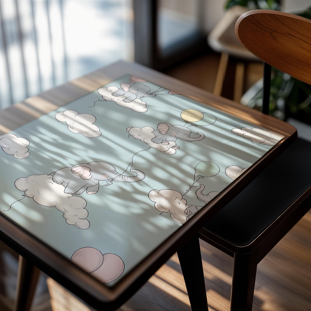 Pattern of elephants with balloons and clouds on a light blue background, as a premium aluminum metal print from GoMetalPrint.