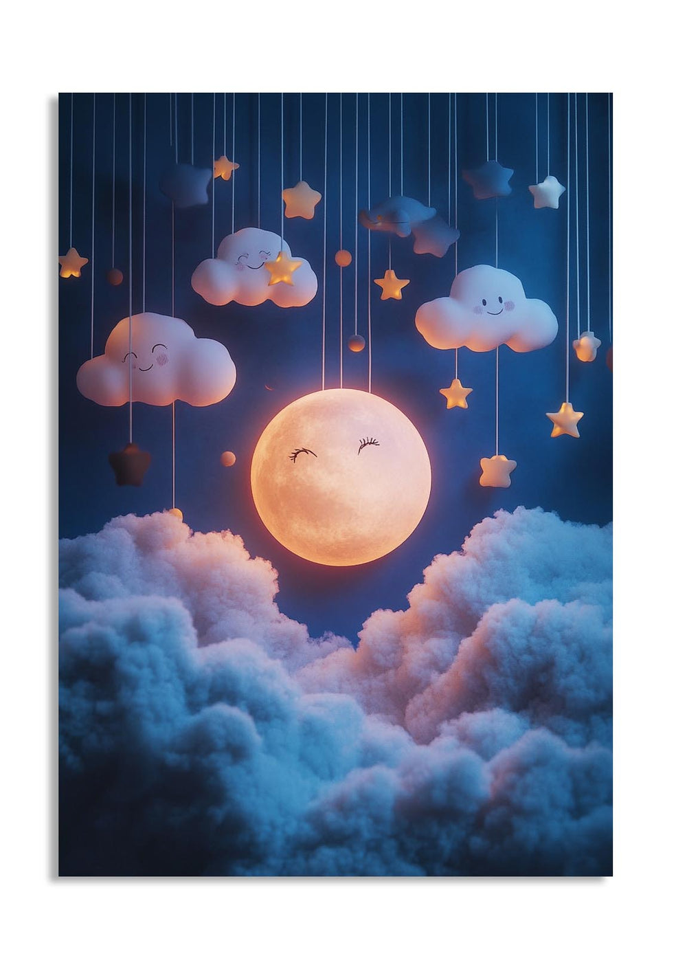Cartoonish moon and clouds with stars hanging in a night sky, as a premium aluminum metal print from GoMetalPrint.
