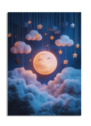 Cartoonish moon and clouds with stars hanging in a night sky, as a premium aluminum metal print from GoMetalPrint.