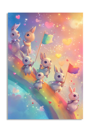 Illustration of bunnies on a rainbow with colorful flags and hearts, as a premium aluminum metal print from GoMetalPrint.