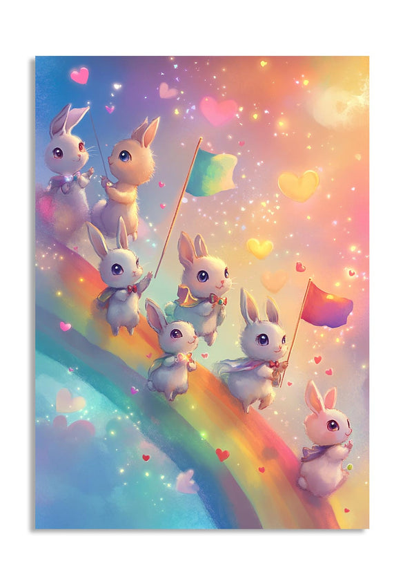 Illustration of bunnies on a rainbow with colorful flags and hearts, as a premium aluminum metal print from GoMetalPrint.
