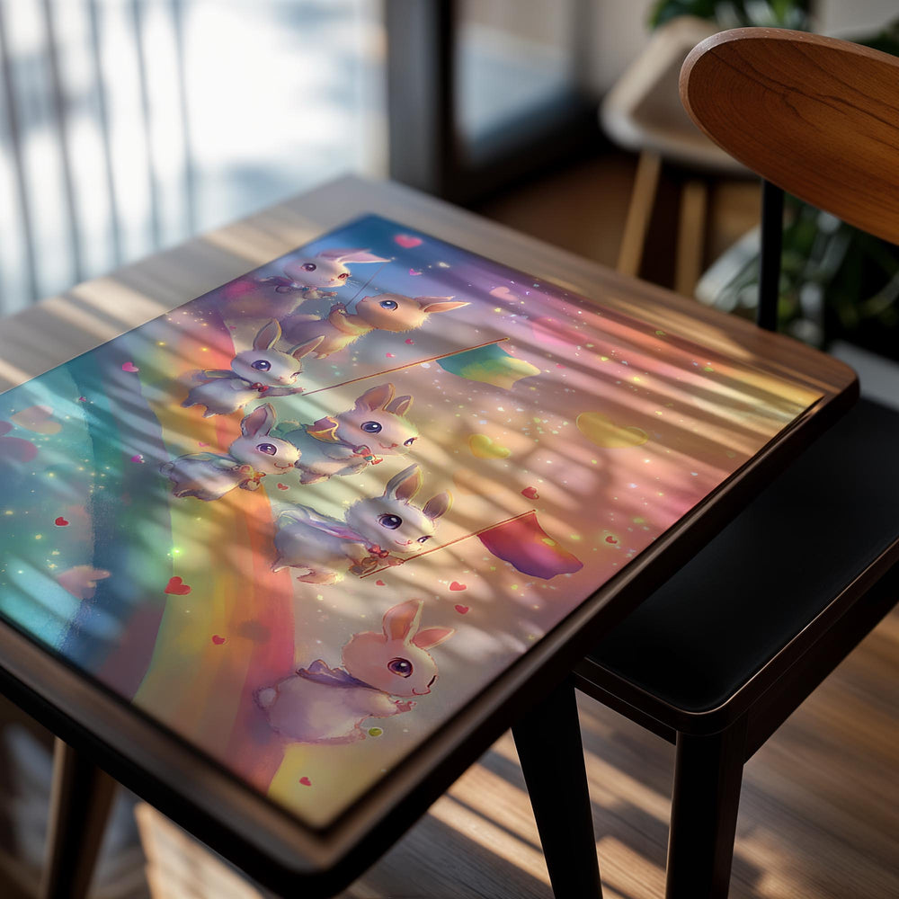 Illustration of bunnies on a rainbow with colorful flags and hearts, as a premium aluminum metal print from GoMetalPrint.