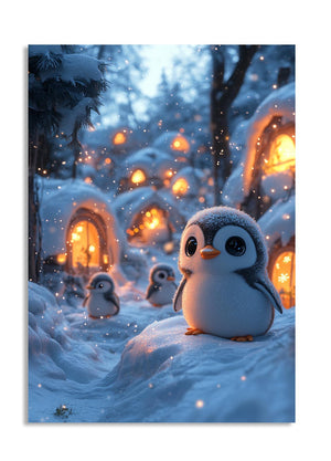 Illustration of penguins in a snowy landscape with glowing lights, as a premium aluminum metal print from GoMetalPrint.