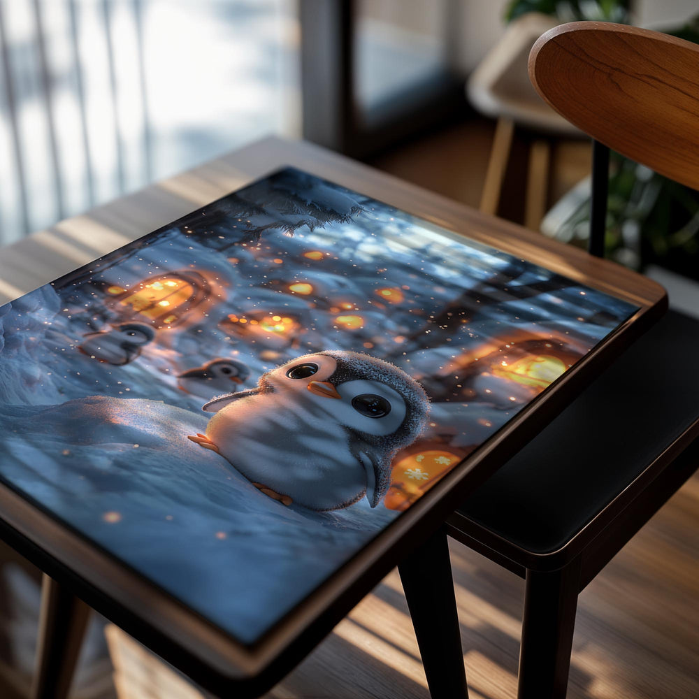 Illustration of penguins in a snowy landscape with glowing lights, as a premium aluminum metal print from GoMetalPrint.