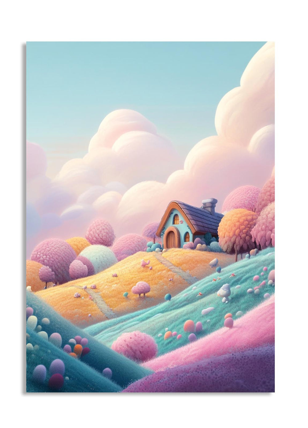 Fantasy landscape with a small house on a hill, surrounded by colorful trees and clouds, as a premium aluminum metal print from GoMetalPrint.