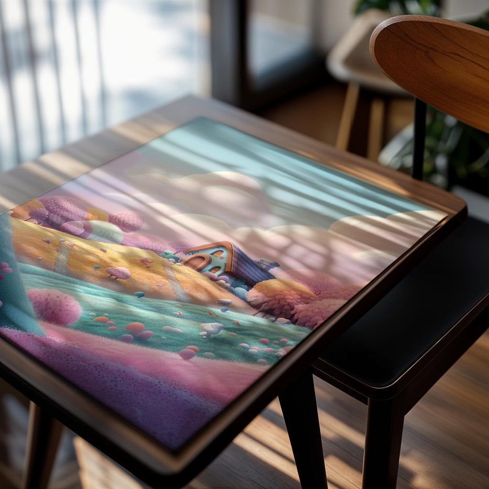 Fantasy landscape with a small house on a hill, surrounded by colorful trees and clouds, as a premium aluminum metal print from GoMetalPrint.