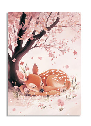 Sleeping deer under a cherry blossom tree with pink flowers and leaves, as a premium aluminum metal print from GoMetalPrint.