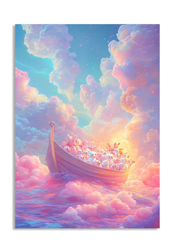 Colorful artwork of a boat in a sea of clouds with a pastel sky, as a premium aluminum metal print from GoMetalPrint.