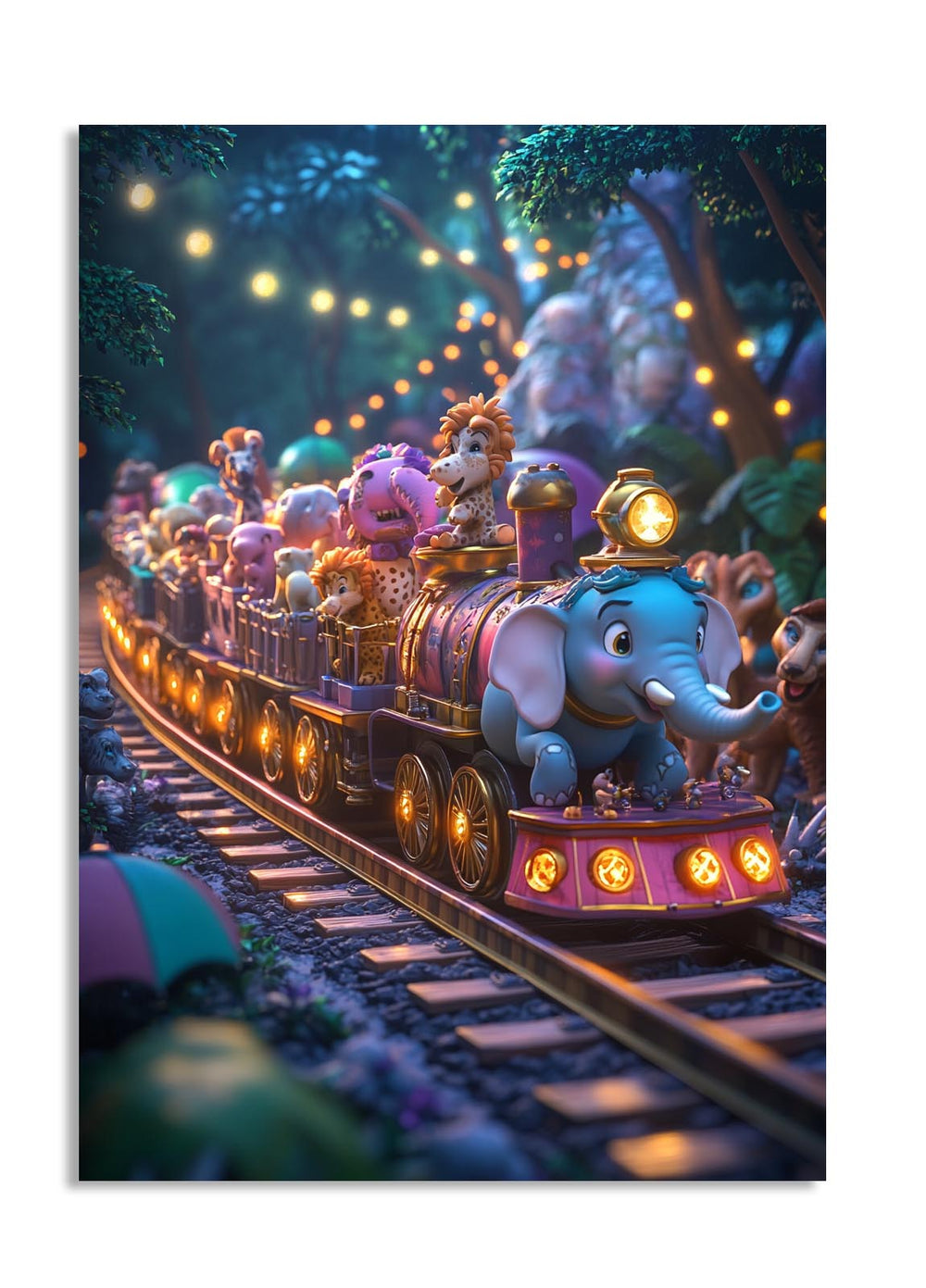 Animated train with characters on tracks at night, surrounded by trees and lights, as a premium aluminum metal print from GoMetalPrint.