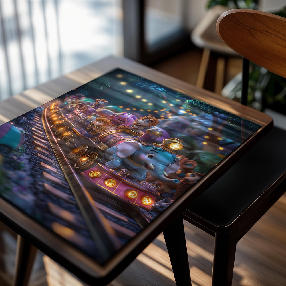 Animated train with characters on tracks at night, surrounded by trees and lights, as a premium aluminum metal print from GoMetalPrint.