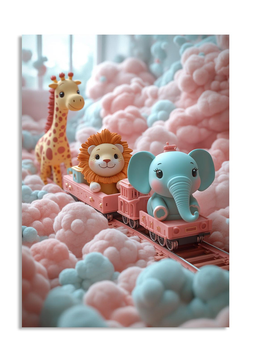 Toy train with a lion, elephant, and giraffe on a pink track surrounded by fluffy pink and blue clouds, as a premium aluminum metal print from GoMetalPrint.