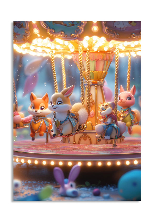 Colorful carousel with animated fox and rabbit characters against a night sky, as a premium aluminum metal print from GoMetalPrint.