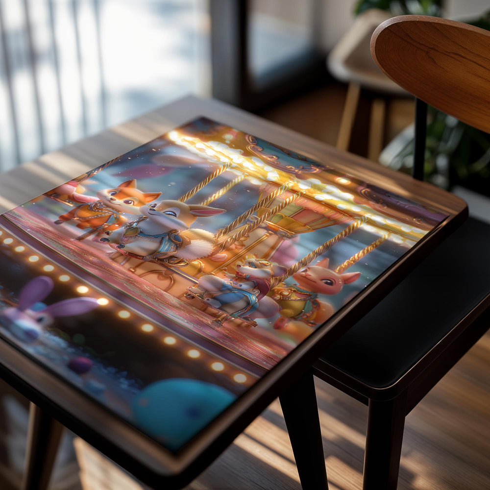Colorful carousel with animated fox and rabbit characters against a night sky, as a premium aluminum metal print from GoMetalPrint.