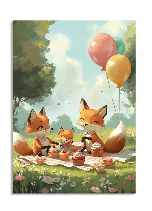Illustration of three foxes having a picnic with balloons in a park setting, as a premium aluminum metal print from GoMetalPrint.