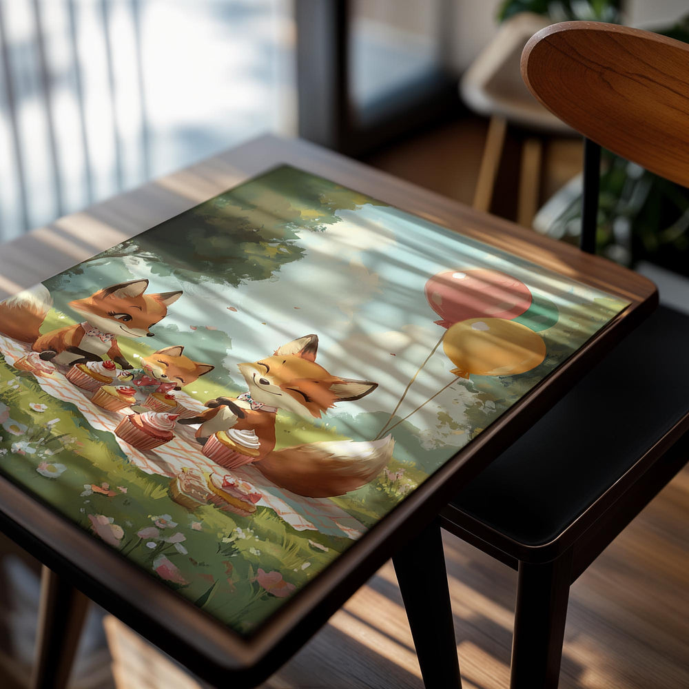 Illustration of three foxes having a picnic with balloons in a park setting, as a premium aluminum metal print from GoMetalPrint.