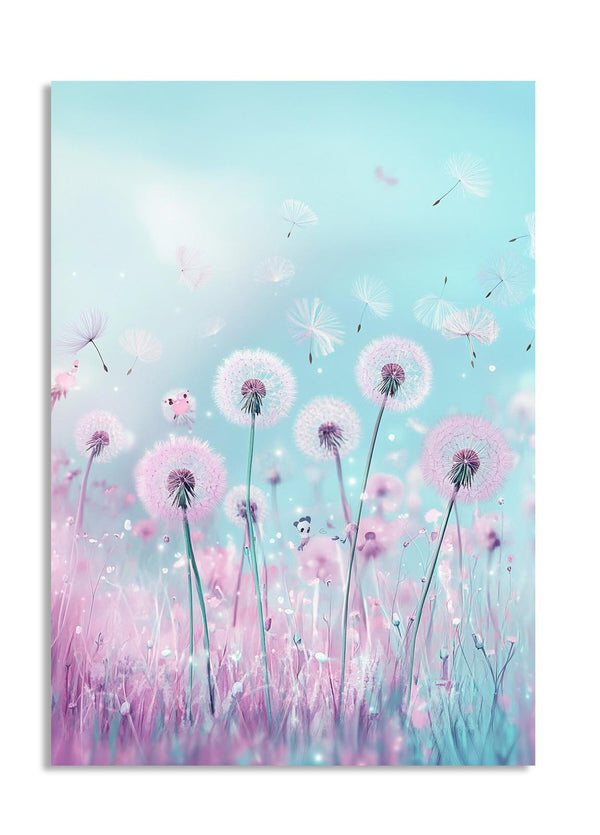 Painting of pink dandelions against a light blue background, as a premium aluminum metal print from GoMetalPrint.
