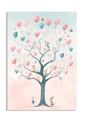 Illustration of a tree with animals and balloons on a light blue and pink background, as a premium aluminum metal print from GoMetalPrint.