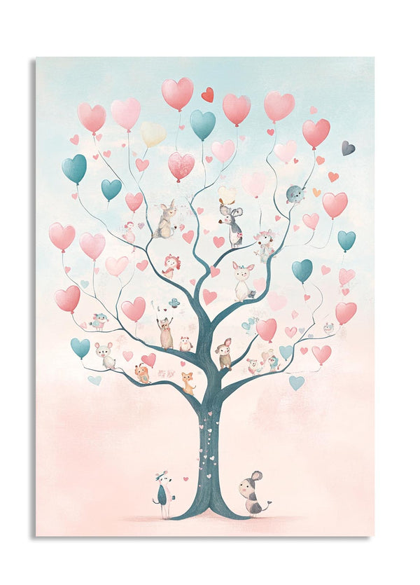 Illustration of a tree with animals and balloons on a light blue and pink background, as a premium aluminum metal print from GoMetalPrint.