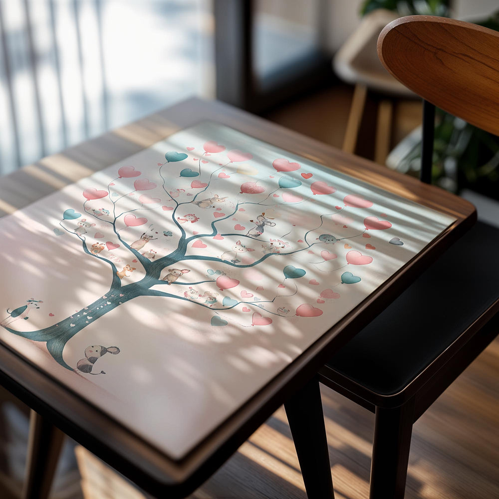 Illustration of a tree with animals and balloons on a light blue and pink background, as a premium aluminum metal print from GoMetalPrint.