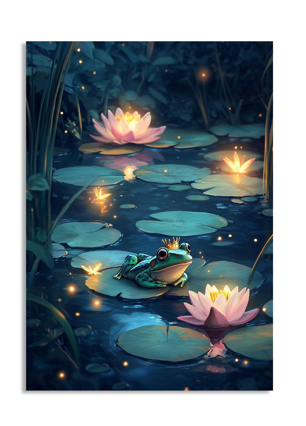 Frog on a lily pad with glowing flowers and lights in a dark pond setting, as a premium aluminum metal print from GoMetalPrint.