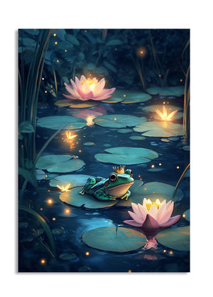 Frog on a lily pad with glowing flowers and lights in a dark pond setting, as a premium aluminum metal print from GoMetalPrint.