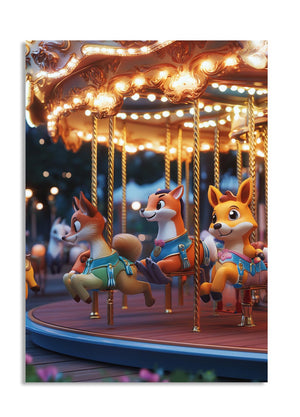Carousels with fox-themed seats at night, as a premium aluminum metal print from GoMetalPrint.