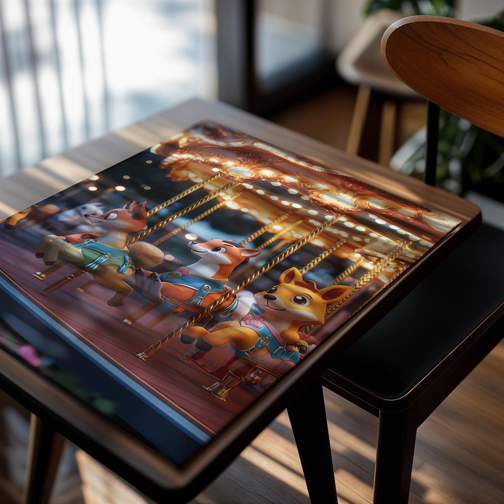 Carousels with fox-themed seats at night, as a premium aluminum metal print from GoMetalPrint.