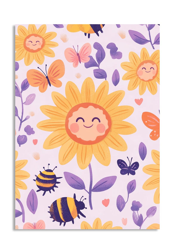Notebook with a colorful floral and insect pattern on a purple background, as a premium aluminum metal print from GoMetalPrint.
