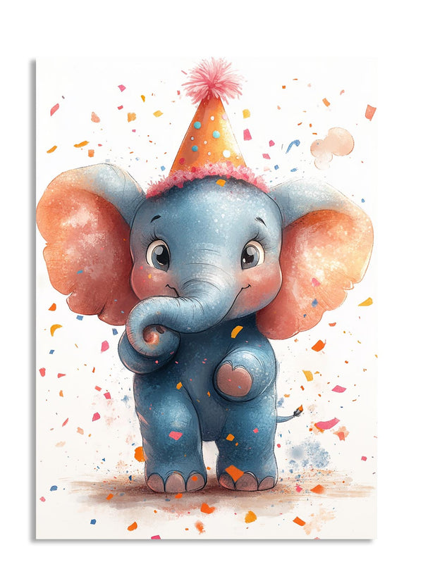 Illustration of a cute elephant wearing a party hat with confetti around it on a white background, as a premium aluminum metal print from GoMetalPrint.