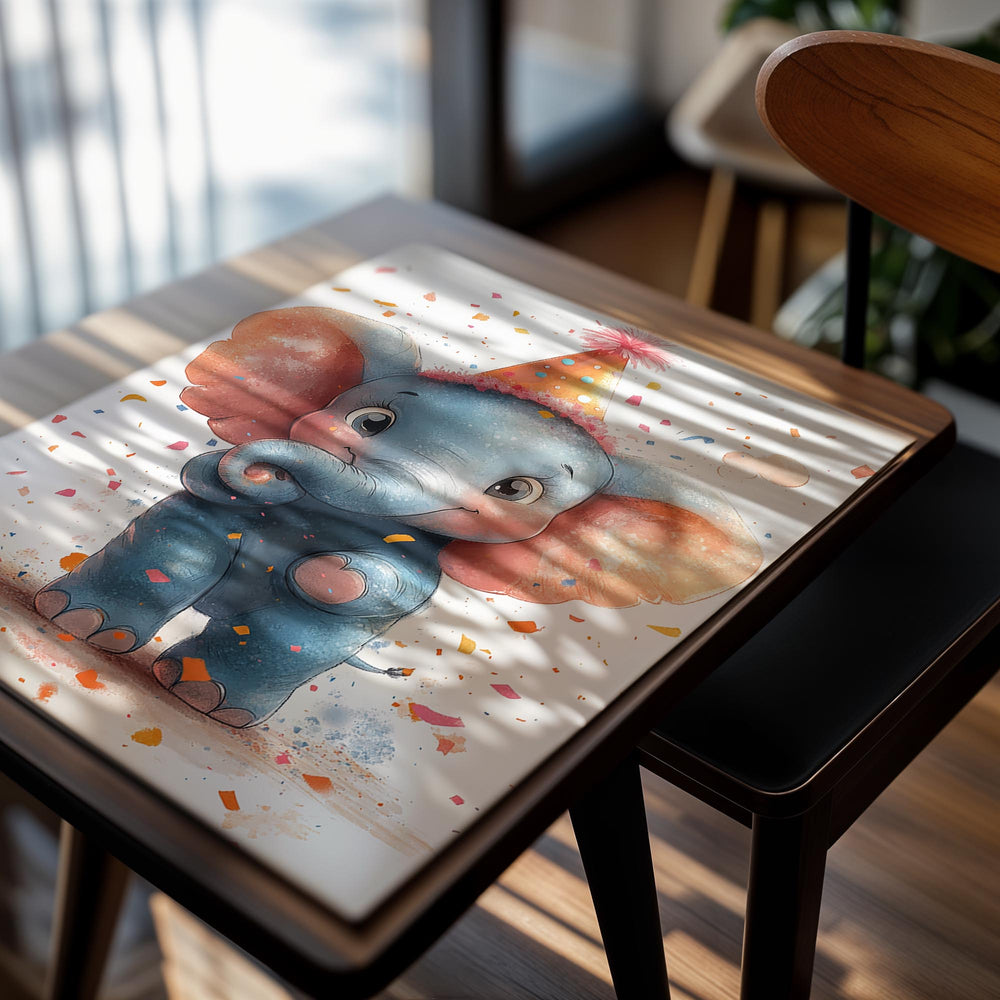 Illustration of a cute elephant wearing a party hat with confetti around it on a white background, as a premium aluminum metal print from GoMetalPrint.