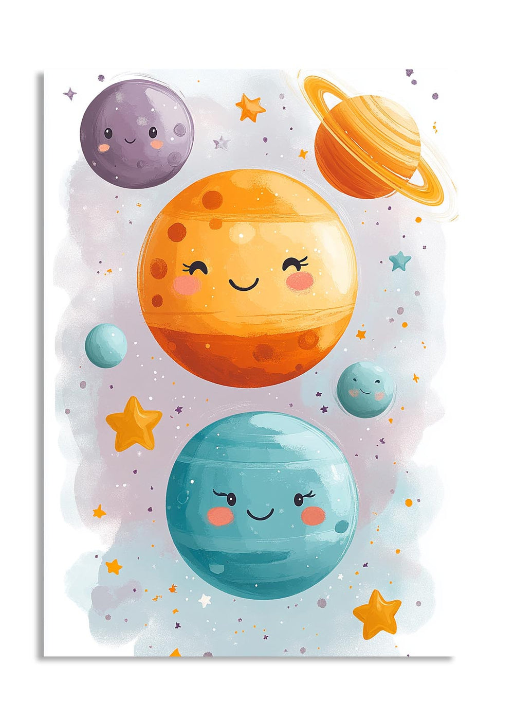 Cartoon planets with faces on a white background, as a premium aluminum metal print from GoMetalPrint.