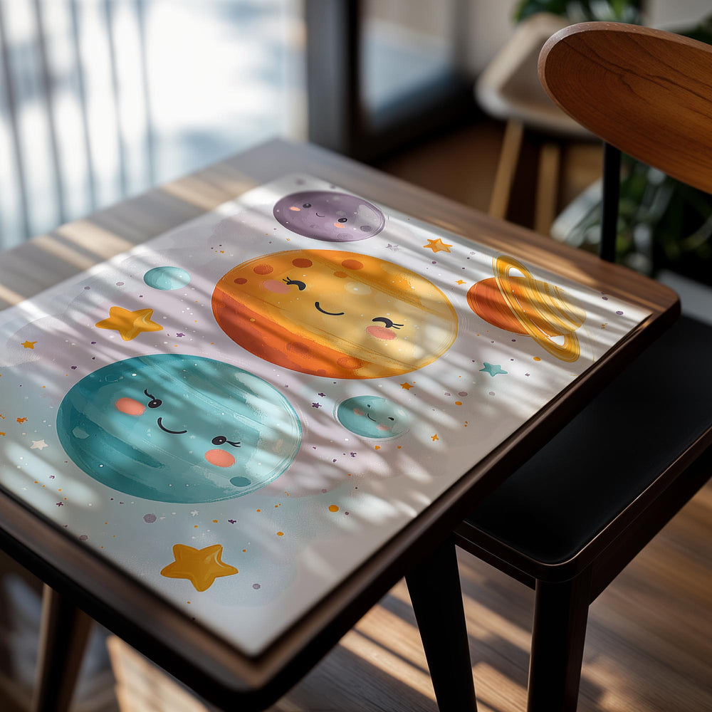 Cartoon planets with faces on a white background, as a premium aluminum metal print from GoMetalPrint.