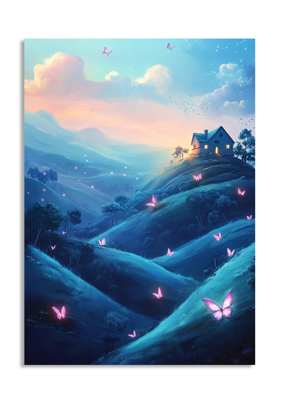Painting of a house on a hill with butterflies and a colorful sky, as a premium aluminum metal print from GoMetalPrint.