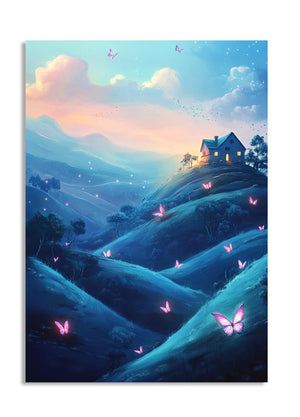 Painting of a house on a hill with butterflies and a colorful sky, as a premium aluminum metal print from GoMetalPrint.