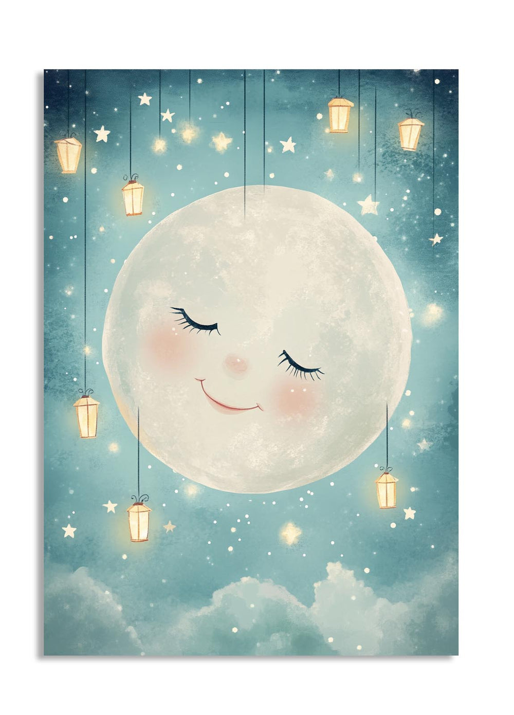 Illustration of a smiling moon with hanging lanterns against a starry night sky, as a premium aluminum metal print from GoMetalPrint.