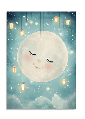Illustration of a smiling moon with hanging lanterns against a starry night sky, as a premium aluminum metal print from GoMetalPrint.