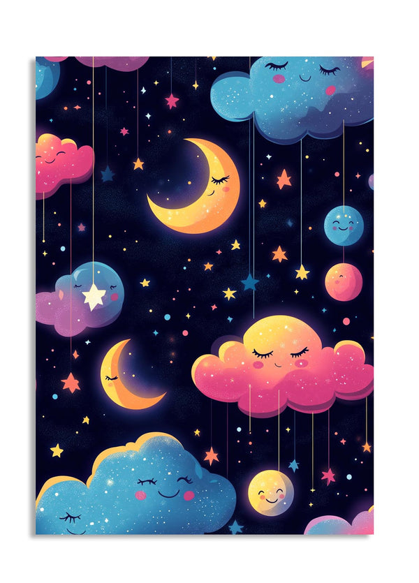 Colorful illustration of clouds and moons on a dark blue background, as a premium aluminum metal print from GoMetalPrint.