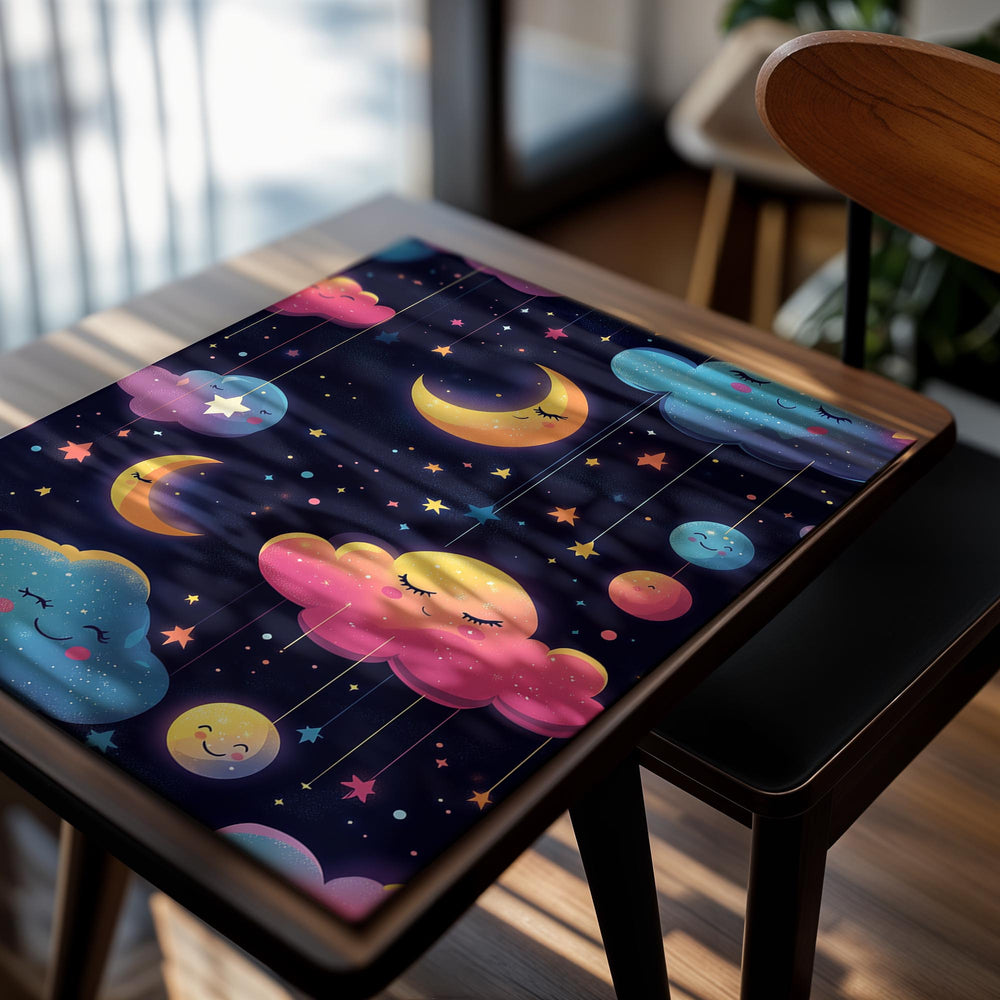 Colorful illustration of clouds and moons on a dark blue background, as a premium aluminum metal print from GoMetalPrint.