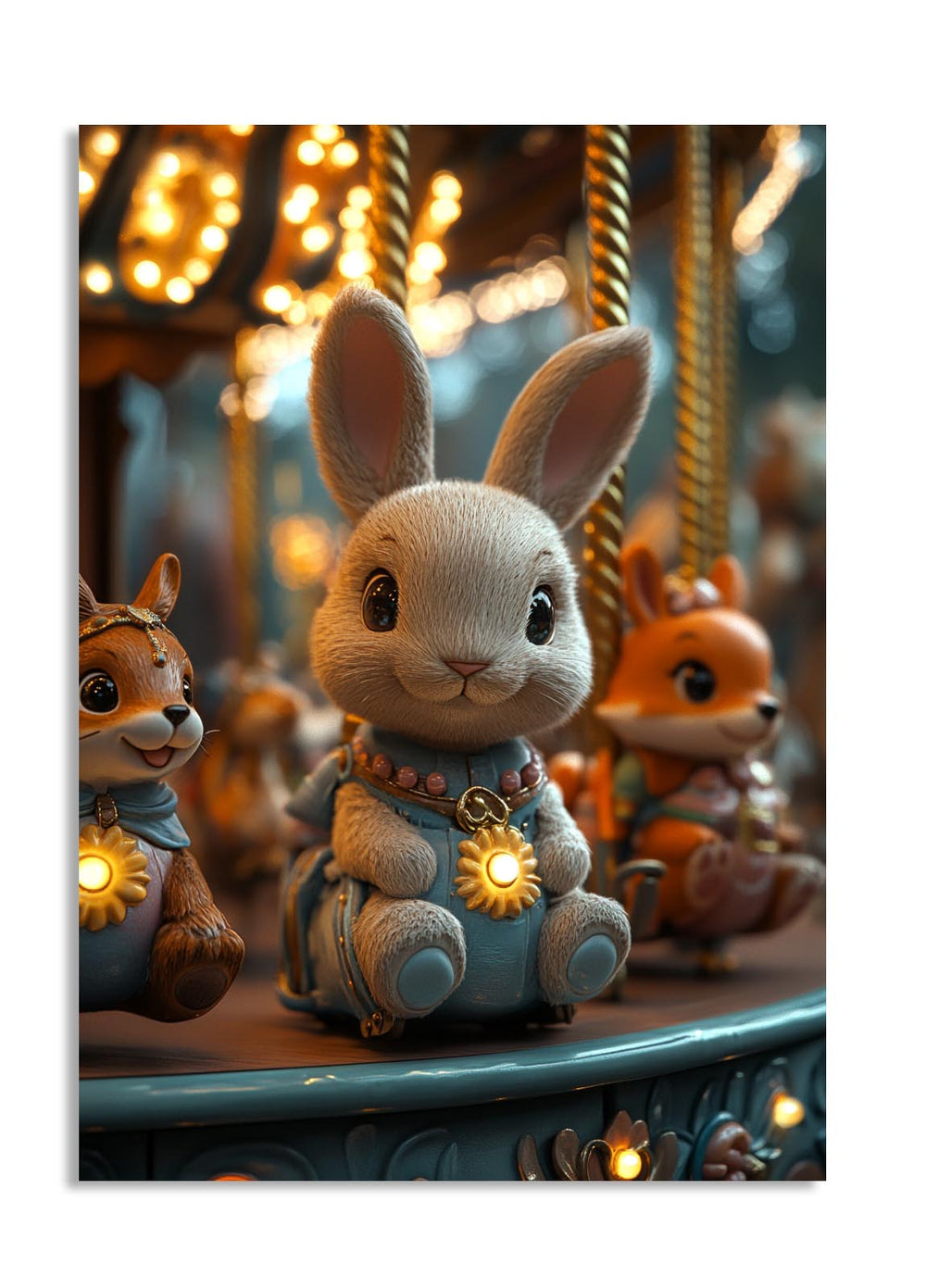 Decorative figurines of a rabbit, fox, and owl on a carousel with warm lighting, as a premium aluminum metal print from GoMetalPrint.