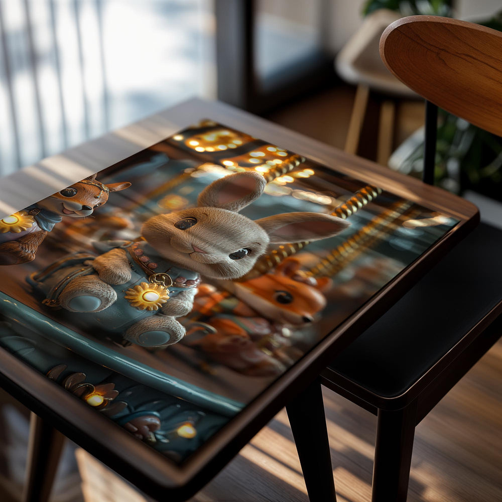Decorative figurines of a rabbit, fox, and owl on a carousel with warm lighting, as a premium aluminum metal print from GoMetalPrint.