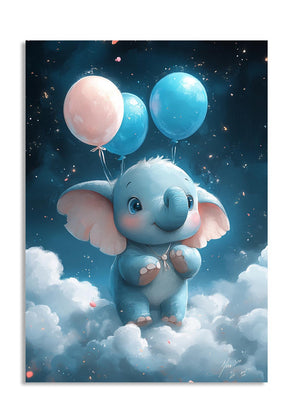 Cartoon elephant with balloons in a cloud-filled sky, as a premium aluminum metal print from GoMetalPrint.