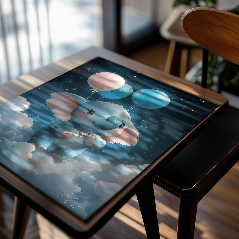 Cartoon elephant with balloons in a cloud-filled sky, as a premium aluminum metal print from GoMetalPrint.