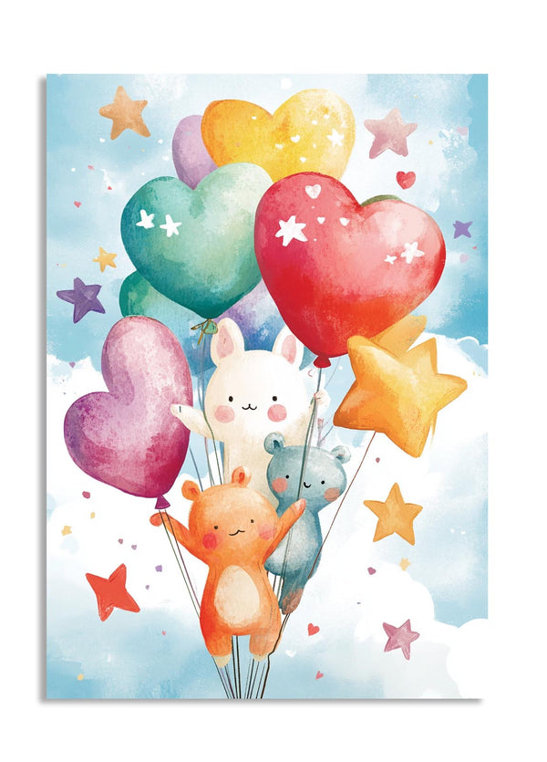 Cartoon animals with colorful balloons against a blue sky background, as a premium aluminum metal print from GoMetalPrint.