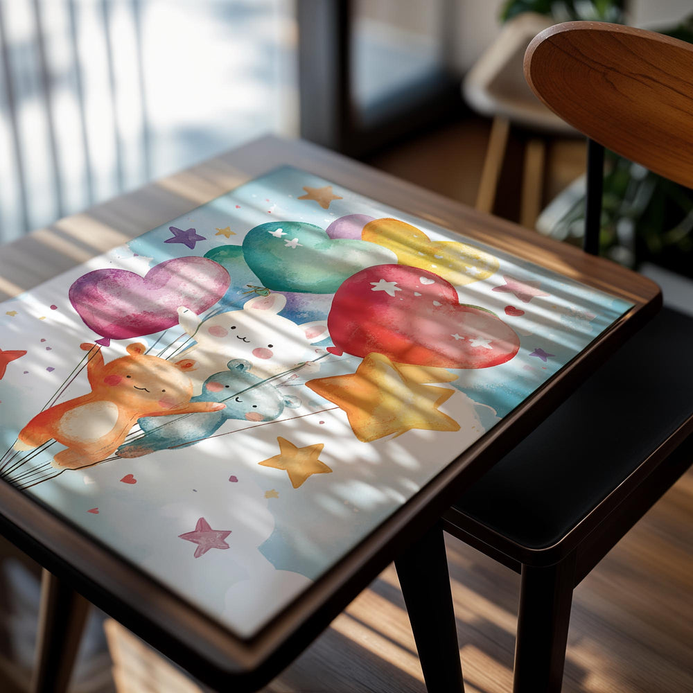 Cartoon animals with colorful balloons against a blue sky background, as a premium aluminum metal print from GoMetalPrint.