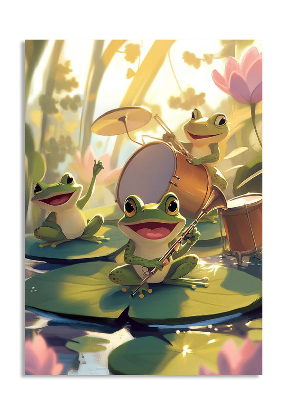 Illustration of frogs playing musical instruments on lily pads with a pond and flowers in the background, as a premium aluminum metal print from GoMetalPrint.
